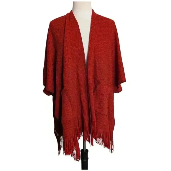 Women's Red One Size Open Front Knit Sweater Shaw with Pockets & Fringe - Picture 1 of 8